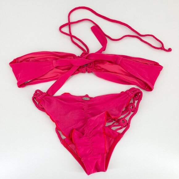 Luli Fama Swimsuit Womens Small Pink Bikini Bandeau Solid Halter Two Piece - Picture 8 of 12
